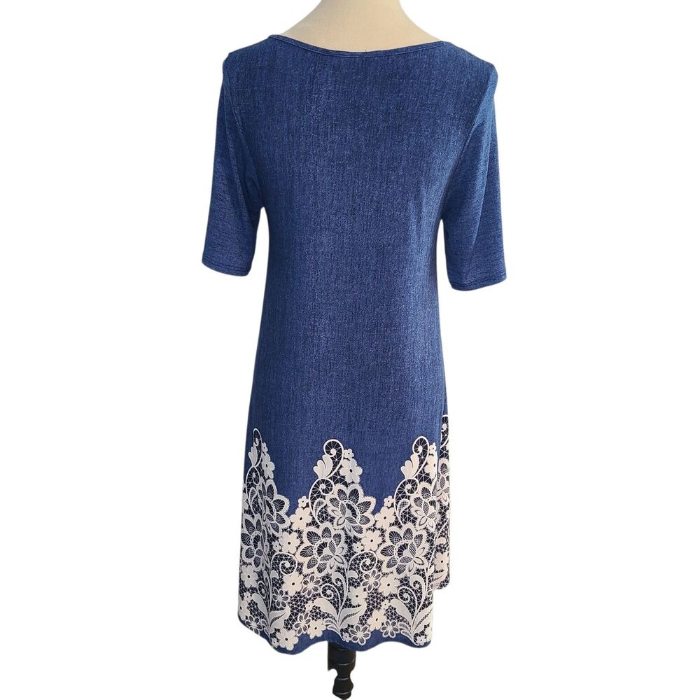 SJS Denim Blue Trapeze Dress L Lace Hem Border Feminne Coastal Cottagecore - Picture 2 of 8